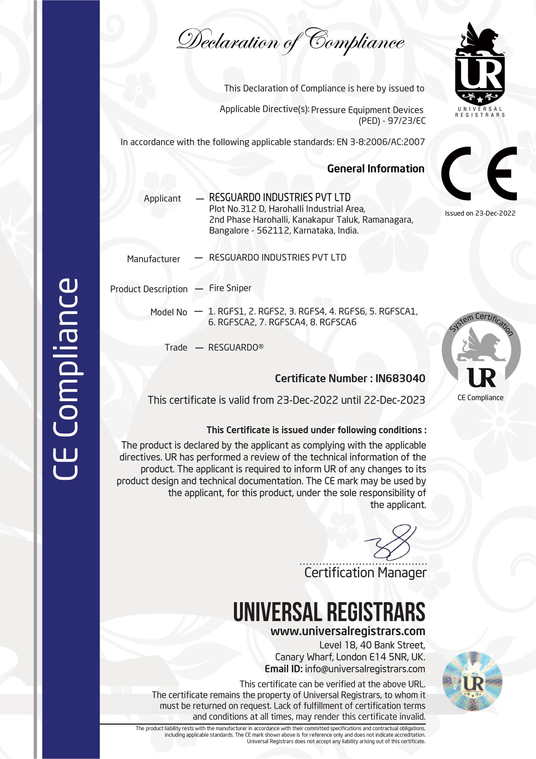 Fire Sniper - CE Approved Certificate